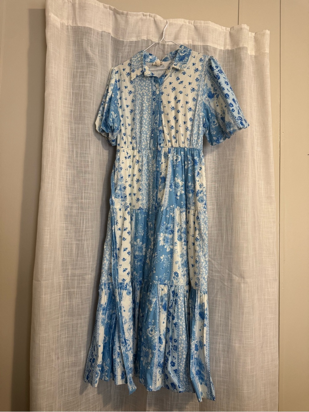 Blue & White Patchwork Floral Midi Dress